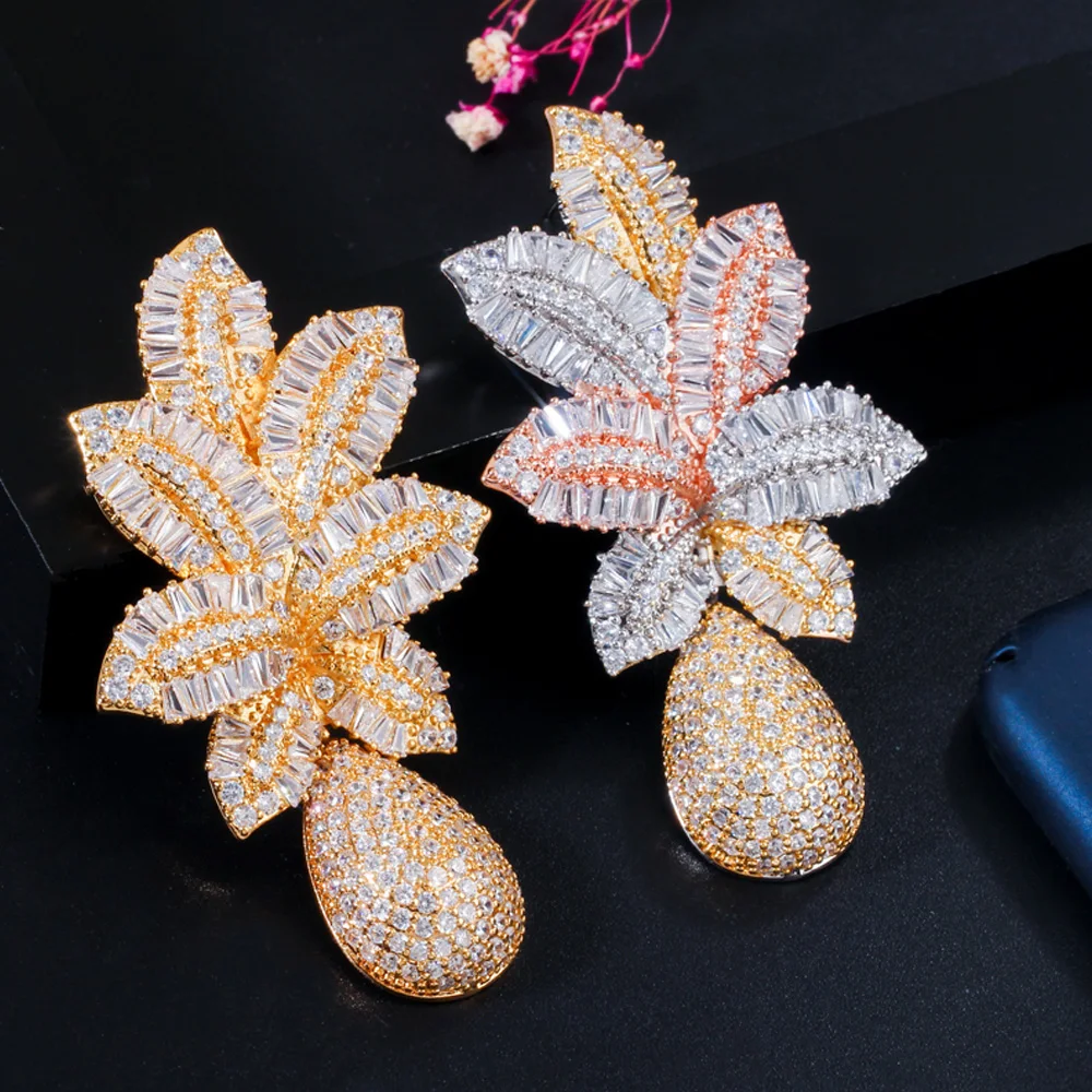 Pera Gorgeous White Cubic Zirconia Silver Color Large Leaf Water Drop Wedding Party Dangle Earrings for Brides Jewelry Gift E606