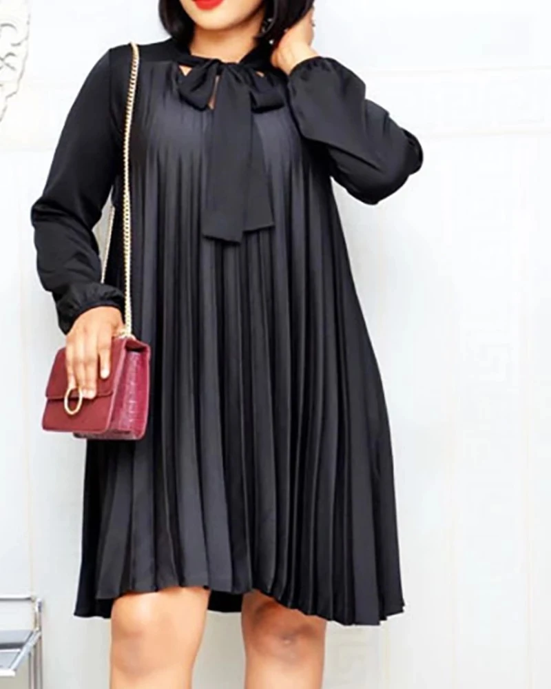 

Fashion Women Loose Pleated Dresses with Bowtie Long Lantern Sleeves Spring Autumn Fat Female Casual Party Dress