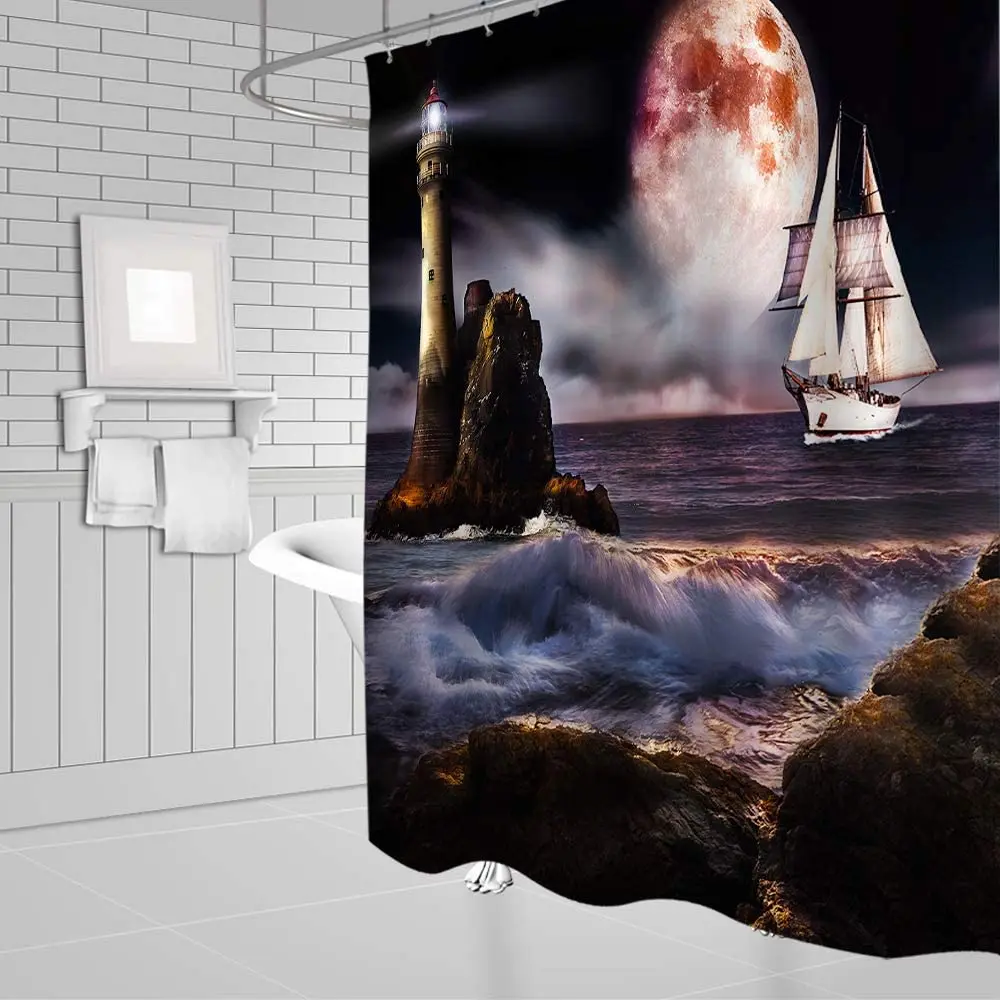 Lighthouse Ocean Night View Ocean Sail Moon Shower Curtain Waterproof Polyester Fabric Bathroom Partition Curtain