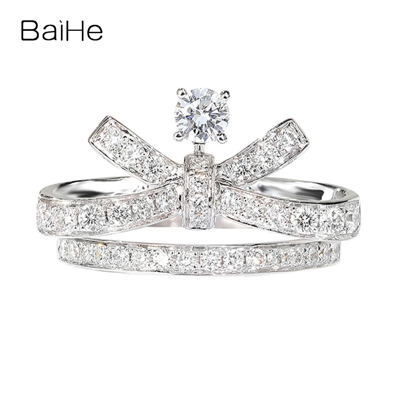 

BAIHE Solid 14K White Gold H/SI Natural Diamond Crown Ring Women Wedding Band Engagement Fine Jewelry Making Anel Coroa טַבַּעַת