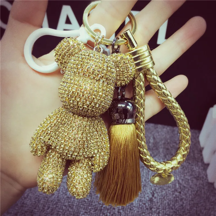 Handmade Rhinestone Cartoon brelok z ponurym niedźwiadkiem samochód Tassel breloczek do kluczy uchwyt wisiorek dla brelok do torby Chaveiro llaveros mujer