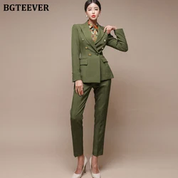 Fashion Green Women Blazer Set Double-breasted Slim Jacket & Pencil Pant Women Pant Suit Ladies Work Suit Female 2 Piece Set