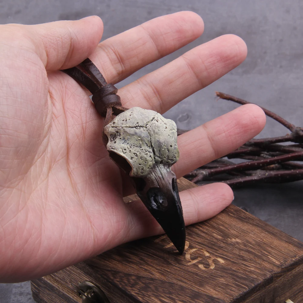 3D Goth Raven Skull Necklace Resin Replica Raven Magpie Crow Poe Gothic Gift,Halloween Raven Skull Necklace with wooden box view 3