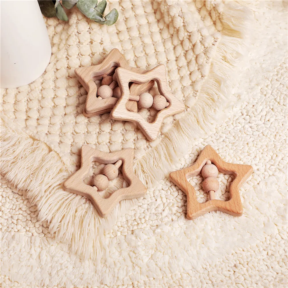 Wooden Rattles For Newborn Baby 1pc Baby Toys Star Shape Ring Teether Montessori Stroller Educational Toys Baby Wood Rattles