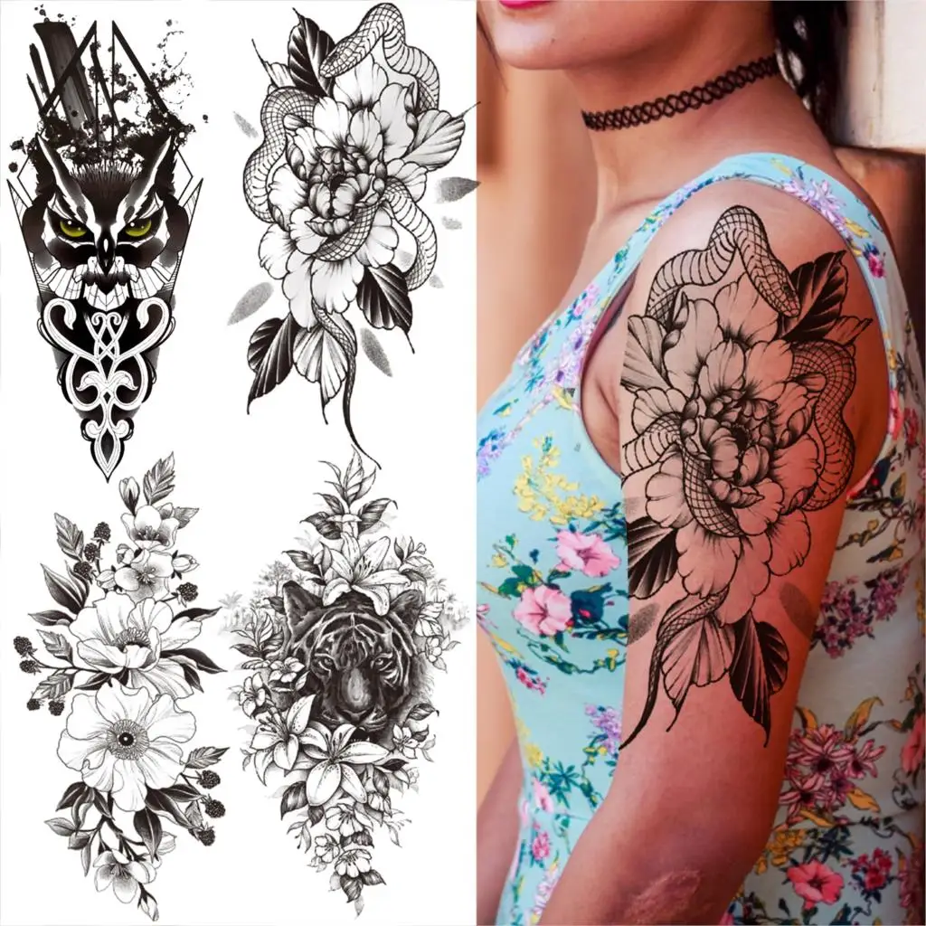 Black Snake Flower Temporary Tattoos For Women Men Realistic Tiger Daffodil Dahlia Fake Tattoo Sticker Waterproof Body Art Tatoo