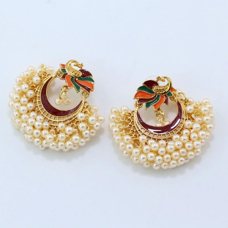 Bollywood Ethnic Bridal Bride Kundan Earrings Peacock Pearls Jhumka Jhumki Indian Bahubali Drop Earrings Fashion Jewelry