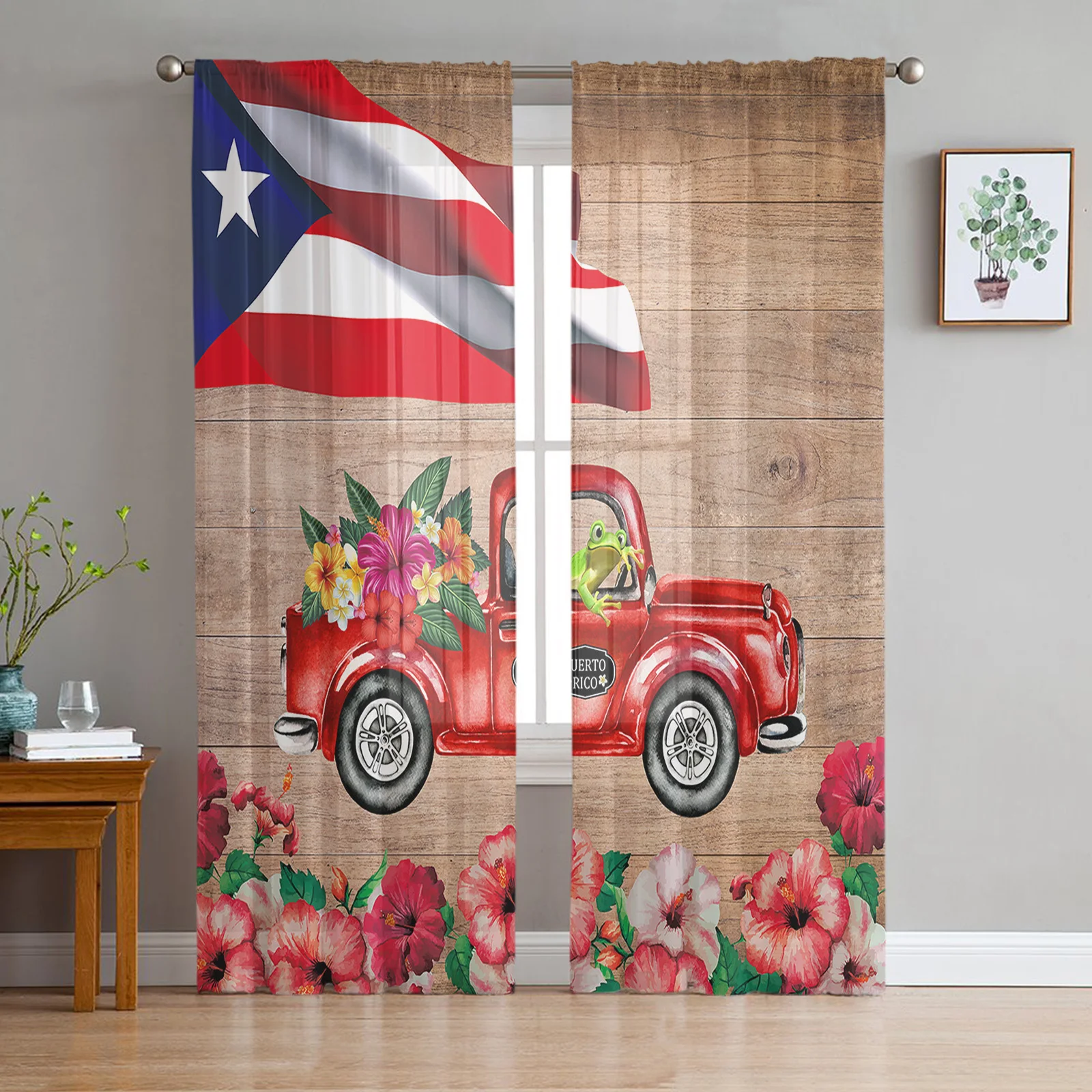 Puerto Rico Flower Truck Frog Curtain For Living Room Transparent Tulle Curtains Window Sheer For The Bedroom Accessories Decor