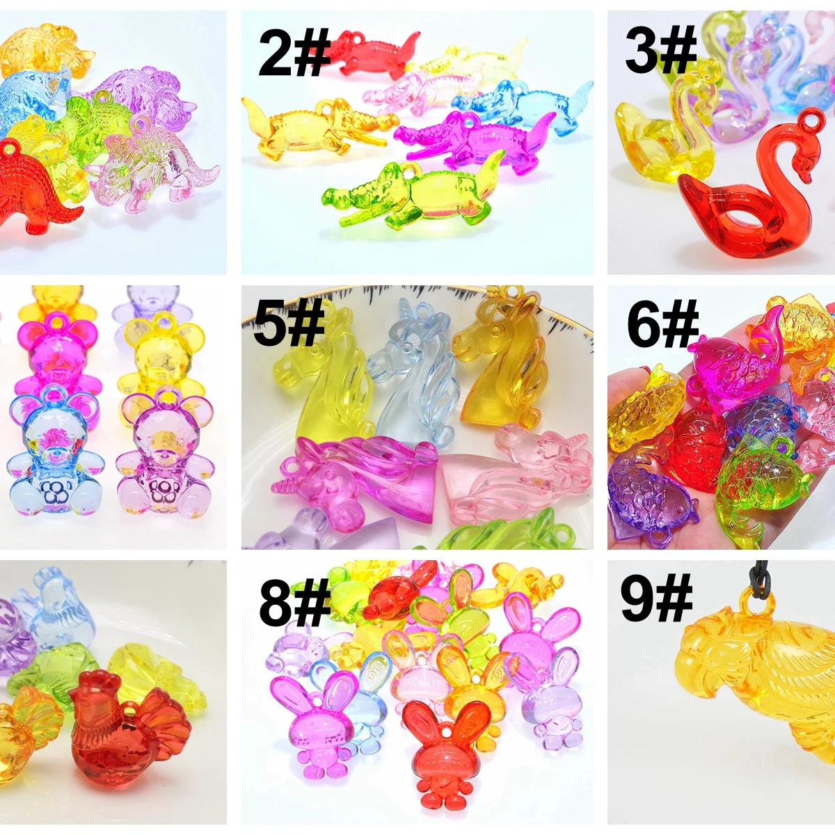 10 Transparent Acrylic Cute Cartoon Animal Pendants Various Charms Kids Craft