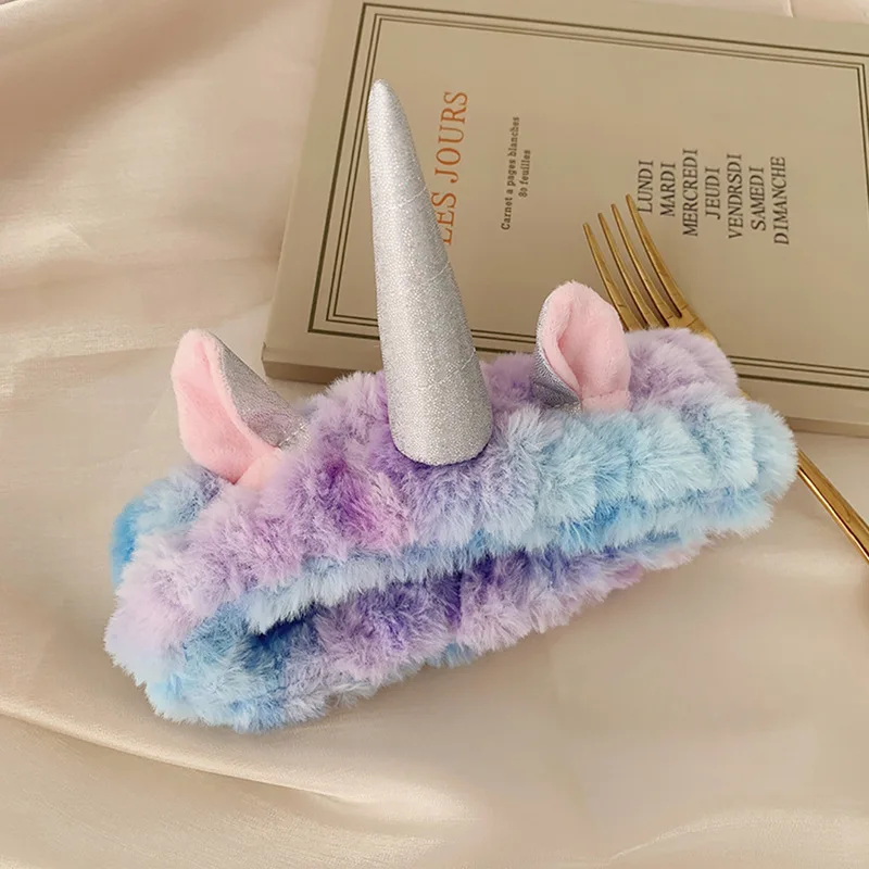 Unicorn Plush Headband for Women Tie Dry Hair Band Cute Mask Elastic Soft Hair Band Washing Hair Hoops Kawaii Headband for Women