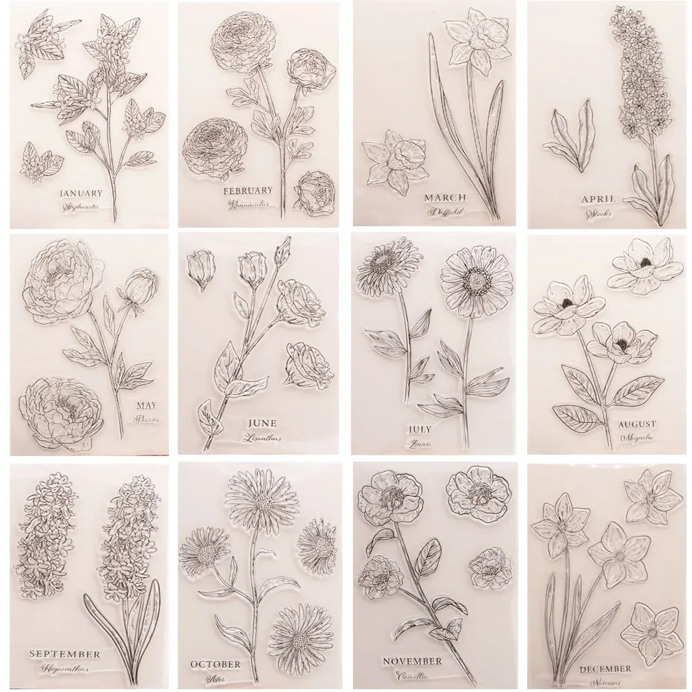 FLowers Month Clear Stamps Transparent Silicone Seal for DIY Scrapbooking Card Making Photo Album Decoration Crafts Gift