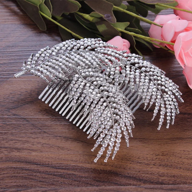 TREAZY Diamante Rhinetone Crystal Feather Bridal Hair Combs Vintage Silver Color Brides Tiara Women Wedding Hair Accessories image 4