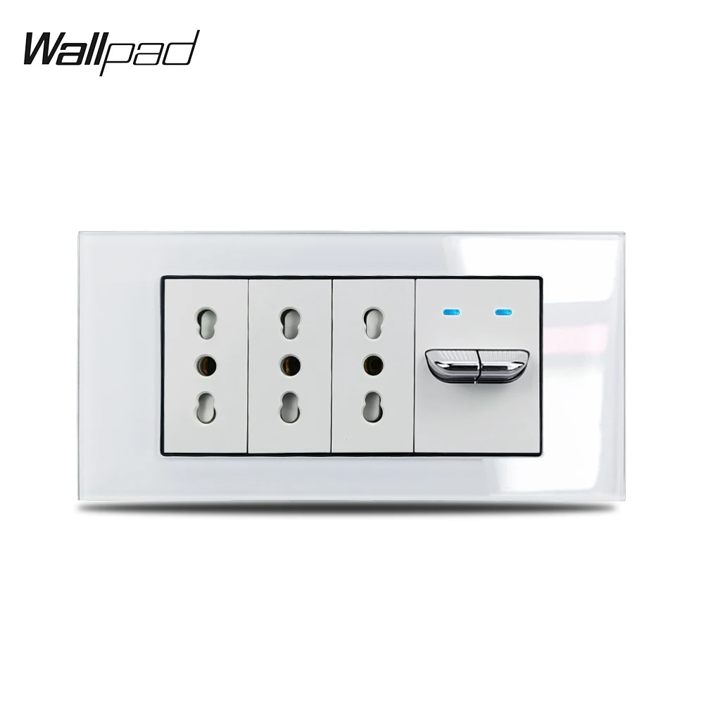 

153*75mm Toggle 2 Switch and 3 Italian Socket Wallpad L3 White Glass Panel 16A 2 Gang Switch with LED and 3 Italy Power Socket