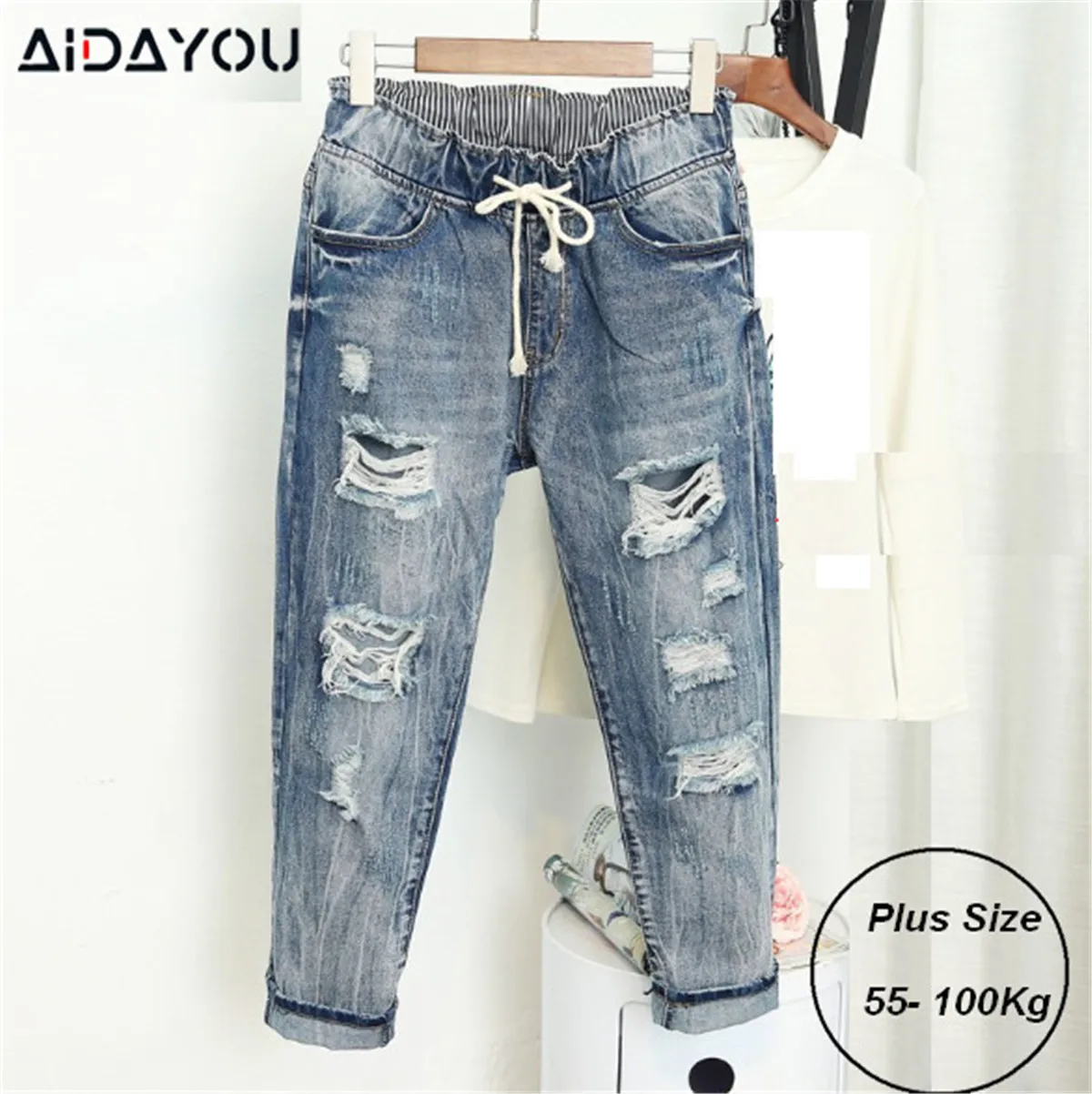 Mom Jeans Curve Plus Size Women Boyfriend Fatty Big 5XL Fashion Loose Denim Trousers ouc519