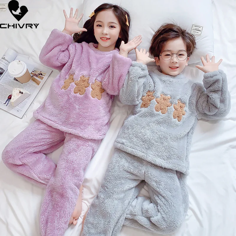 Set Piyama Flanel Anak Laki-laki Perempuan Baru Musim Gugur Musim Dingin Baju Rumah Hangat Tebal Set Baju Tidur Kartun Anak Lengan Panjang