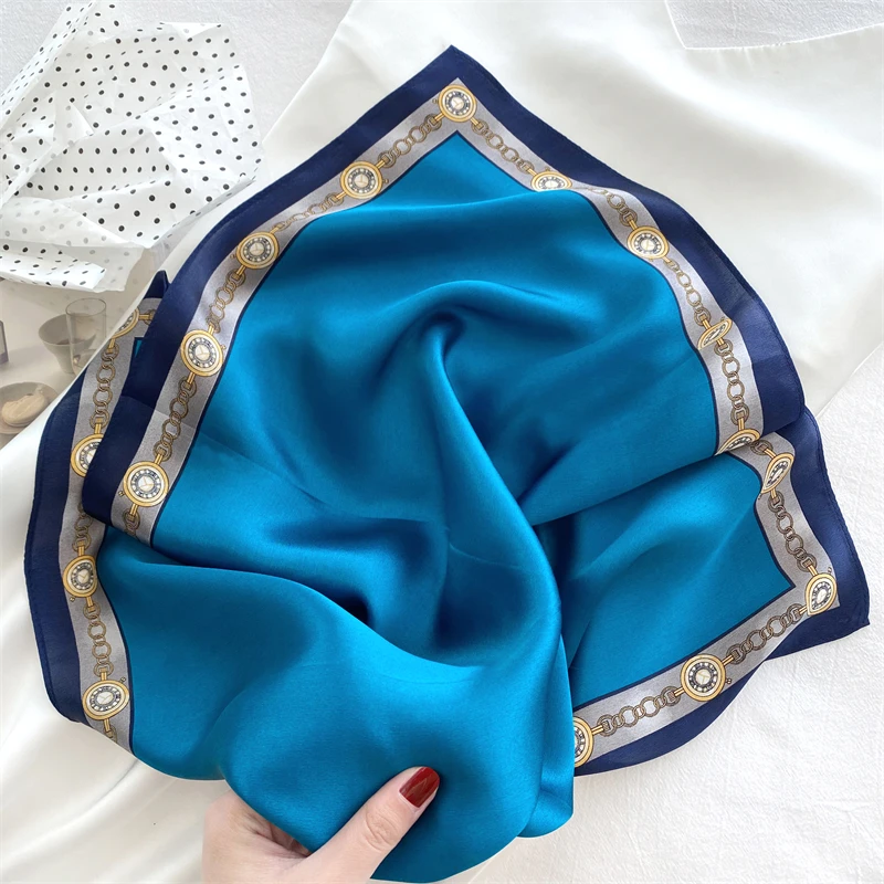 Luna&Dolphin Spring Small Square Scarf 53x53CM 100% Nature Silk White Blue Soft Bandanas Headbands Bag Ribbon Lady Kerchief