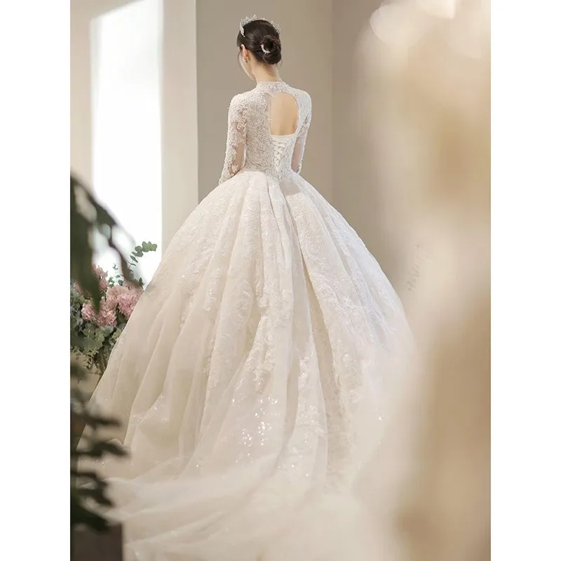 Vestido De novia De encaje 2024 De manga larga nuevo invierno con cuello en V Vestido De baile De flores vestidos De Boda De Princesa Vestido De novia personalizado