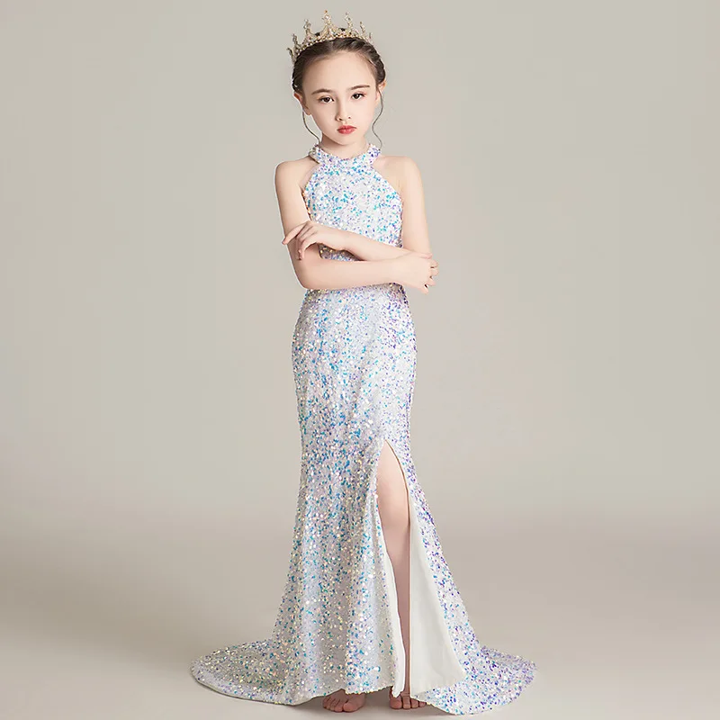 Evening Dress for Girls Kids Elegant Gowns Teen Birthday Party Dresses Children Mermaid Frocks Sexy Sequins Stitching Vestidos