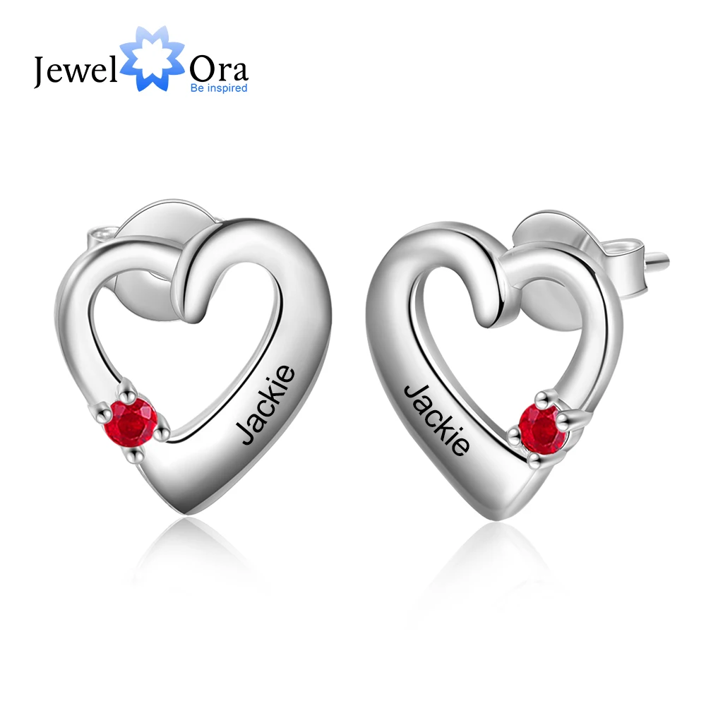 JewelOra Personalized Name Engraved Heart Stud Earrings with Birthstone Customized Handmade Earrings for Women Christmas Gifts