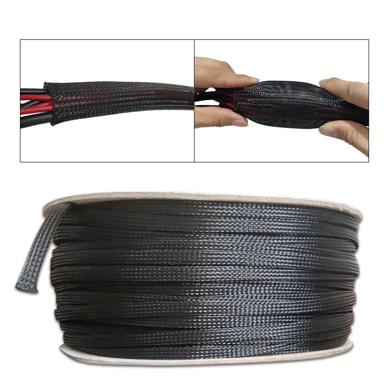 PET Black Cable Sleeve Length1/3/5/50/100M Insulated Braided Sleeving Data Line Protection Wire Cable Flame-Retardant Nylon Tube