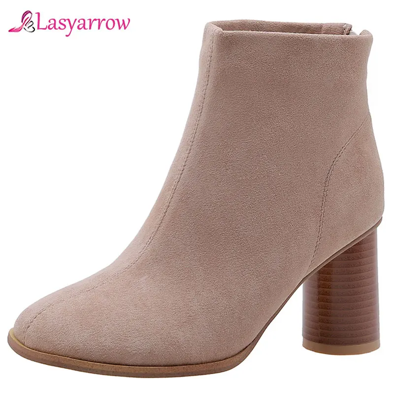 

Lasyarrow New Top Quality Shoes Female Ankle Boots Woman Flock Round High Heels Ladies Short Boots Women shoes Big Size 48 J1045