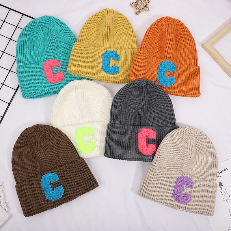 Women Winter thick warm C letter Embroidery knit hat Men\'s hat Beanie cap Hip hop Ski Skullies Bone Gorras