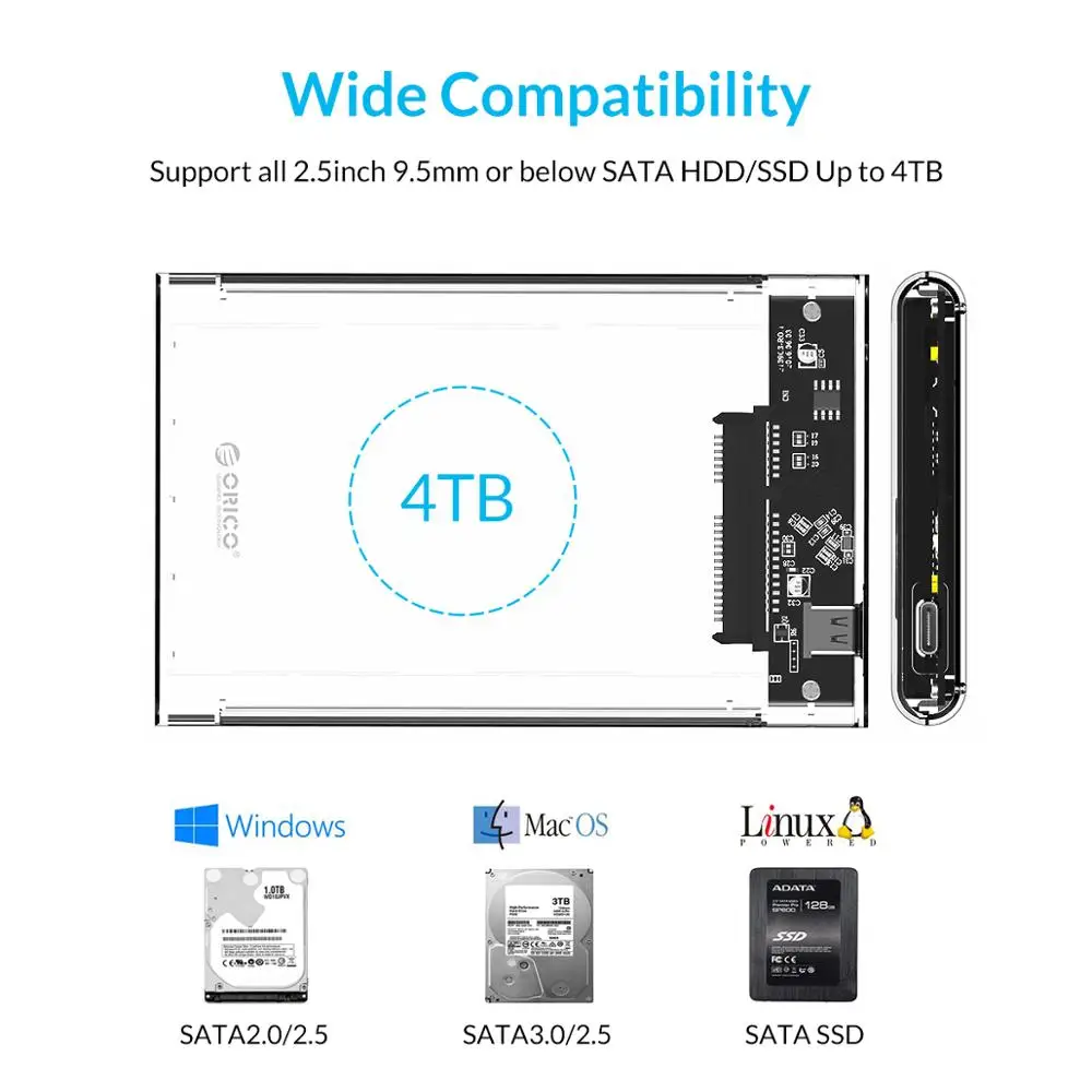 ORICO-carcasa transparente tipo C para disco duro, carcasa para HDD de 2,5 pulgadas, USB3.1, Gen2, 10gbps, compatible con protocolo UASP con Cable