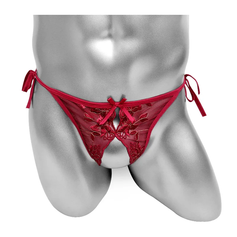 

Lace-Up Mens Thong Underwear with Embroidery Floral Sissy Mesh Panties Crotchless Sexy Male Gay Lingerie See Through Underpants