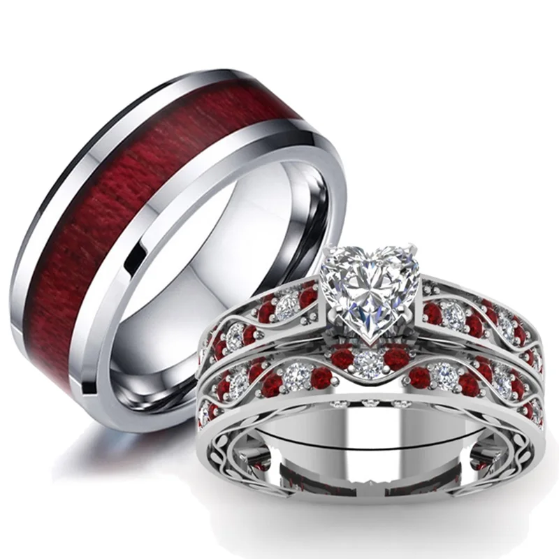 Fashion Couple Rings Women Heart White Crystal CZ Rings Set Red Wood Inlay Men's Stainless Steel Ring Wedding Band Jewelry Gift