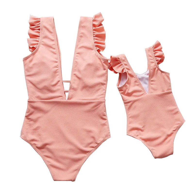 

Mom and Daughter Pink Family Outfits Girls Women One Piece V-Neck Ruffles Tank Bikini Swimsuit Swimwear Clothing for Mother Girl