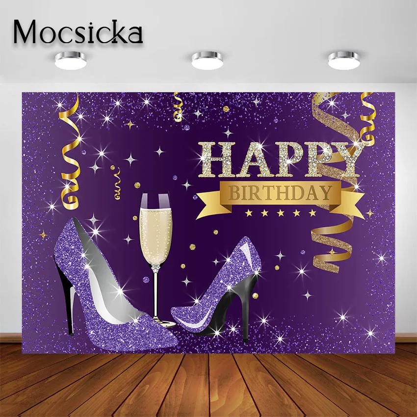 Mocsicka Gold Purple Birthday Backdrops Purple Balloons High Heels Champagne Adult Women Birthday Party Decoration Photo Shoot