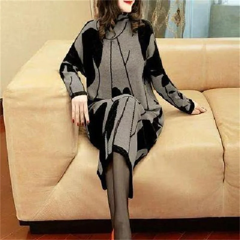 2024 Autumn Winter High Neck Printing Dress Mid-length Bottoming Dress Women New Loose Temperament Fashion Knit Dress A837