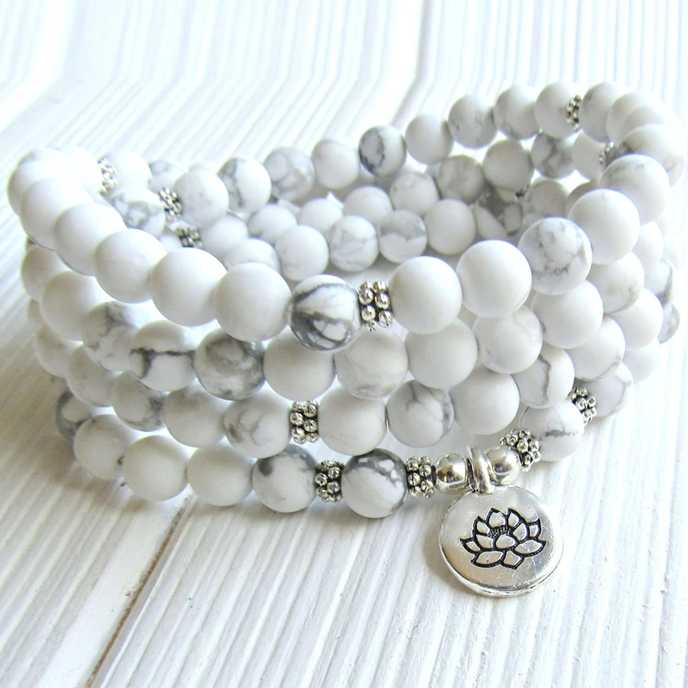 Wholesale Howlite 108 Mala Yoga Bracelet Women`s Lotus Charm Yogi Bracelet Spiritual Gemstone Energy Protection Bracelet