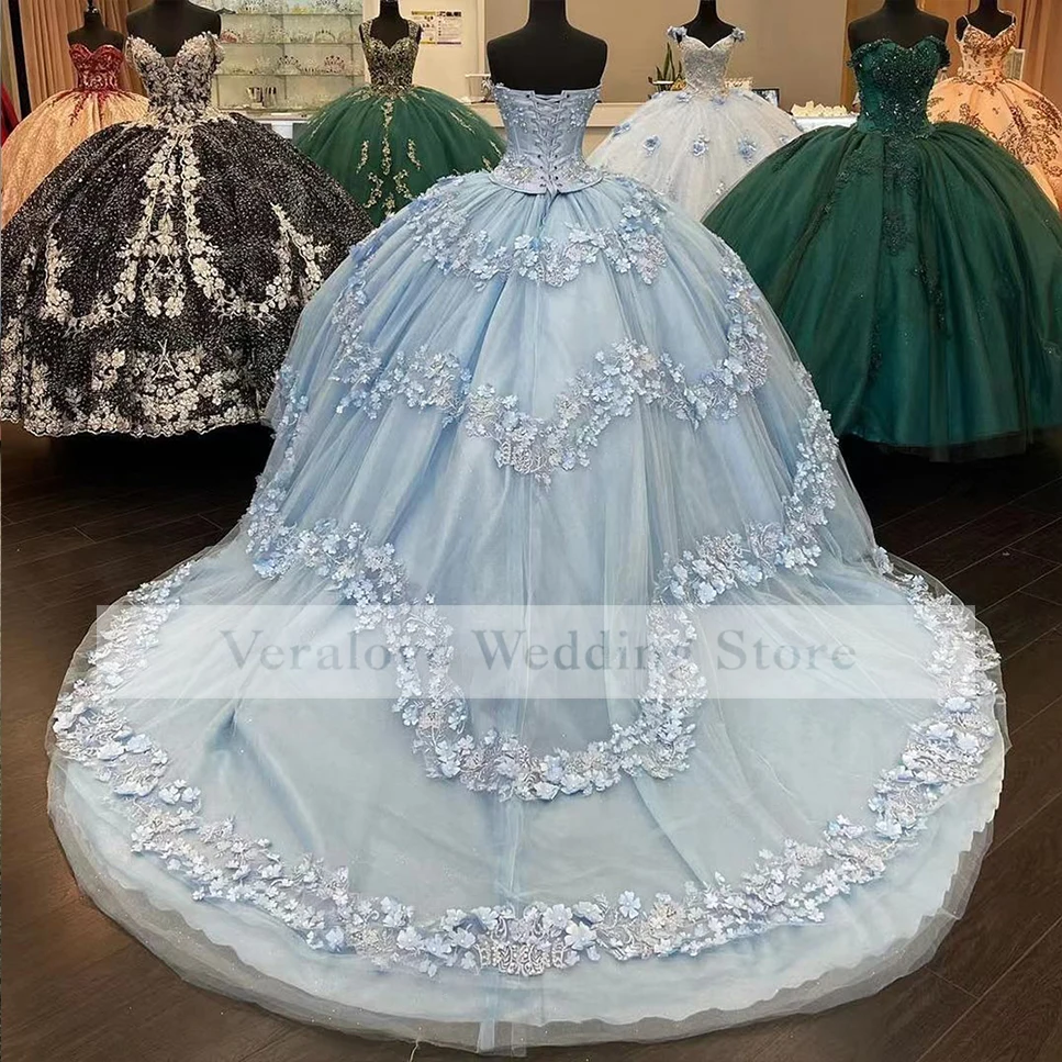 Vestido de princesa para quinceañera, traje azul cielo claro con apliques de corazón para baile de graduación de 15 años, 2022