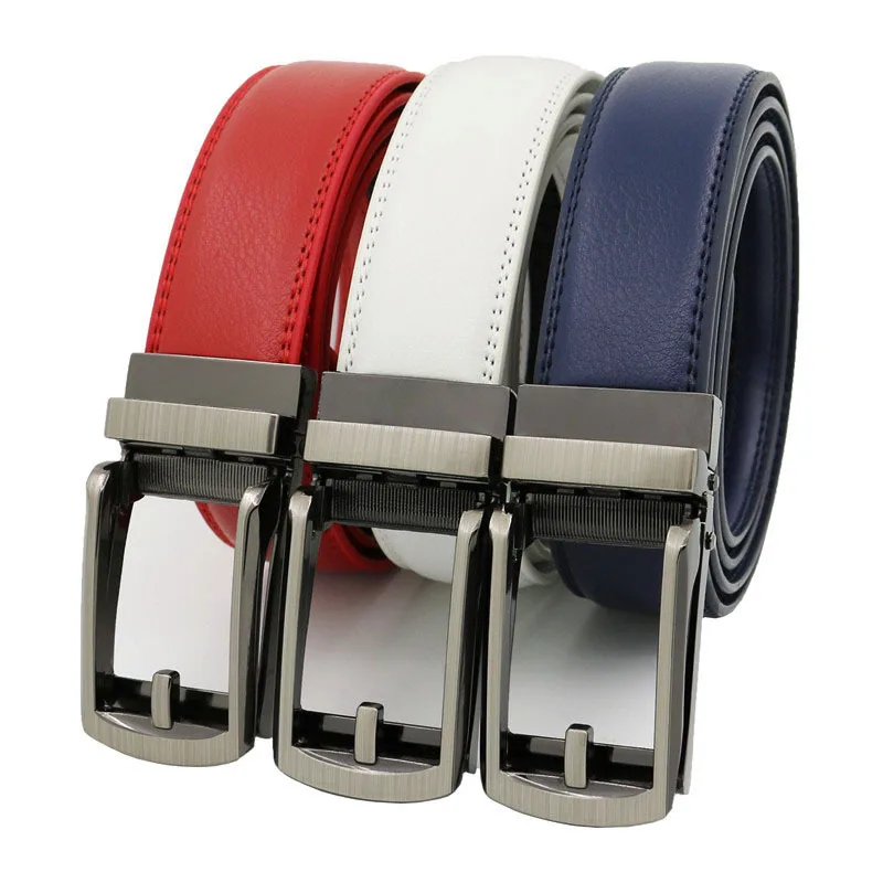 3.1cm Width Thin Designer Men Belt Cow Genuine Leather Men\'s Automatic Buckle Belt for Jeans Black White Blue Yellow Red Brown