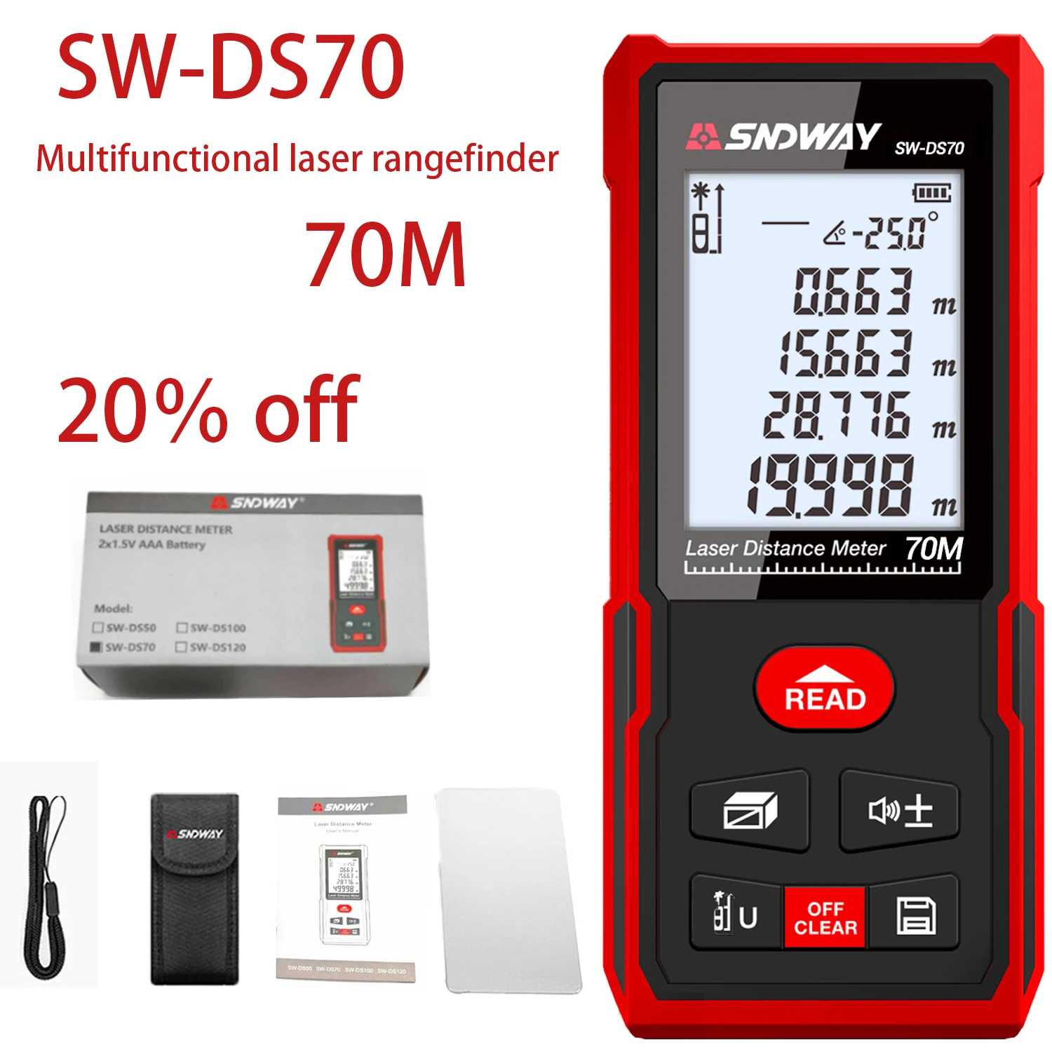 Distanziometro telemetro laser Sndway 40m 50m 70m 100m 120m pagoda elettronica trena digitale misuratore di nastro laser telemetro