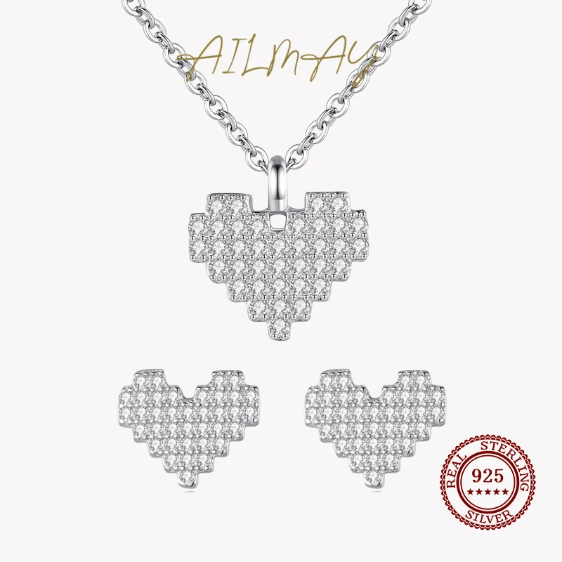 Ailmay Genuine 925 Sterling Silver Heart Necklace Earrings Love Sparkling CZ Set For Women Wedding Engagement Jewelry Gift