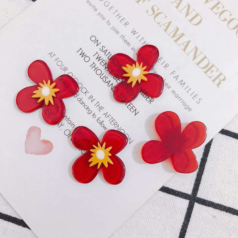 The new wild acrylic red flower contrast color stitching earrings jewelry patch accessories materials 2pcs