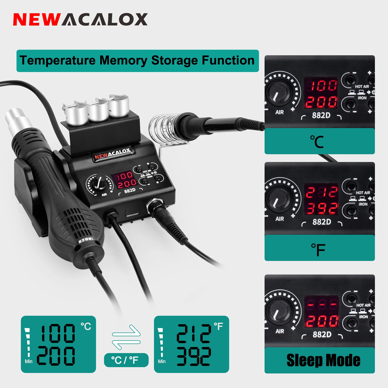 

NEWACALOX Mini 2-in-1 Soldering Station 750W Hot Air Rework Station 60W Soldering Iron Fast Heating Up for PCB IC Welding Repair