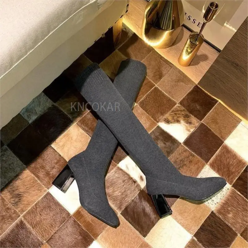 2021 new long tube knitted wool over the knee elastic stockings boots round head thin high-heeled thin boots