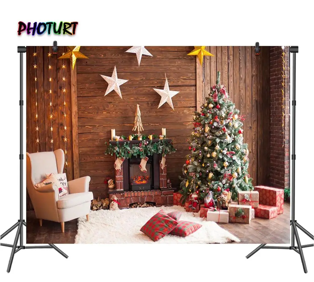 

PHOTURT Merry Christmas Photography Backdrops Gift Tree Red Star Background Wall Wooden Fire Place Photo Studios Prop