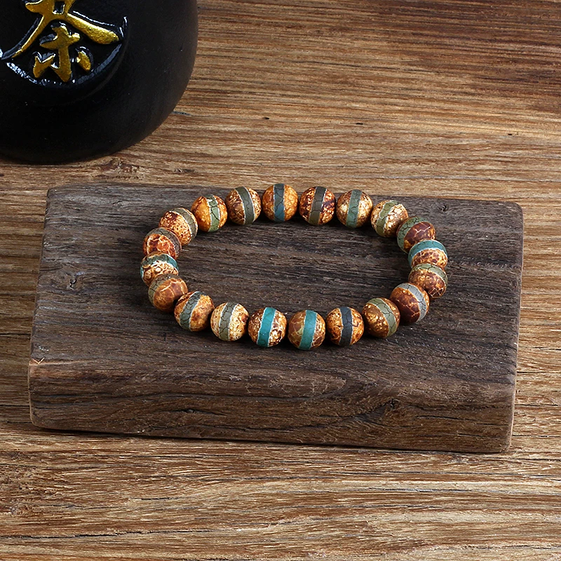 Pulsera de ágatas tibetanas Vintage para hombre y mujer, brazalete de energía con cuentas de ojo verde, piedra natural, amuleto de Reiki, joyería curativa de Yoga