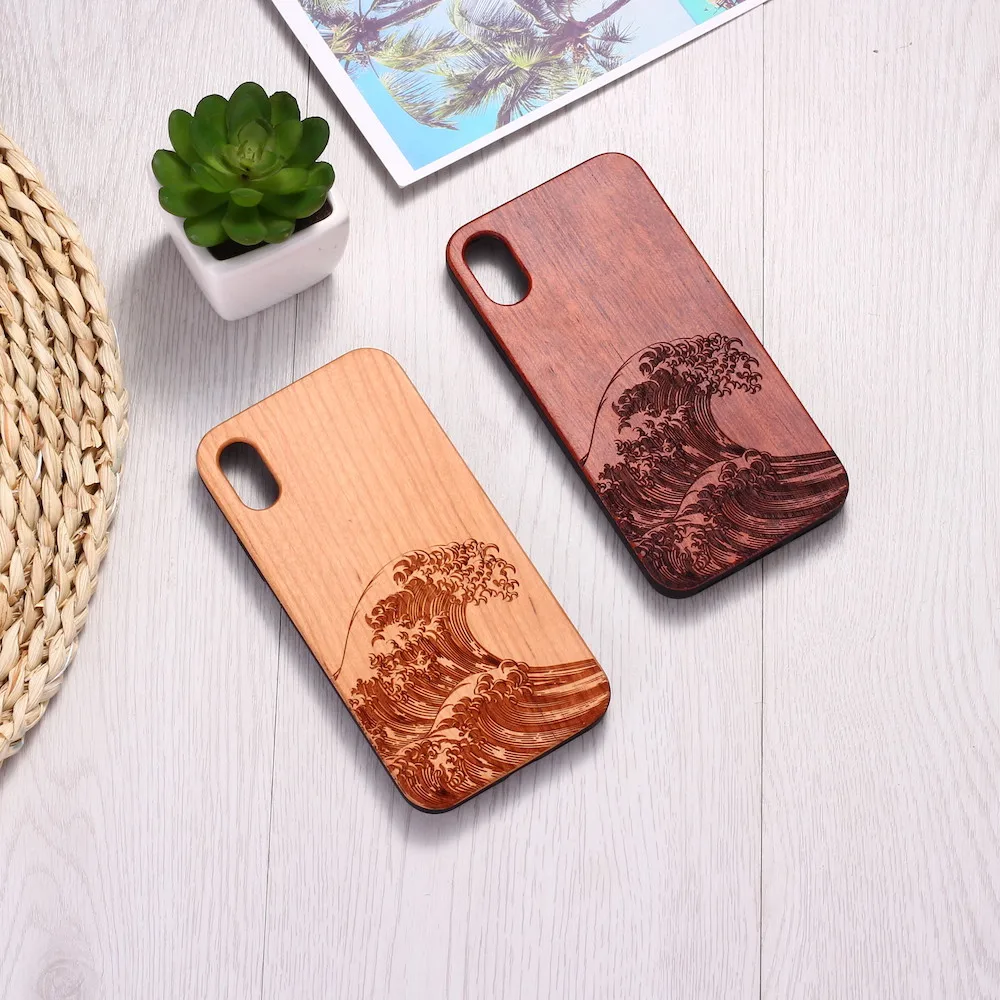 For iPhone 14 14ProMax 14Plus 13Promax 13 12 11 Engraved The Great Wave off Kanagawa Wave Wood Case Funda Coque