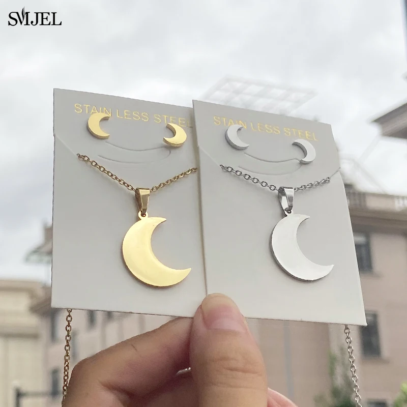 Fashion Simple Moon Pendant Necklace for Women Sparkling Clavicle Stainless Steel Crescent Moon Star Earrings Jewelry Party Gift