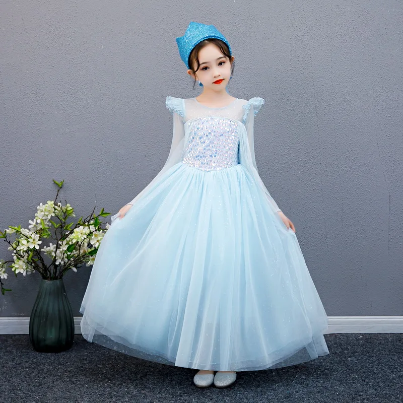 Halloween crianças vestidos de princesa meninas azul bordado contas traje neve rainha vestir criança carnaval fantasia festa vestido