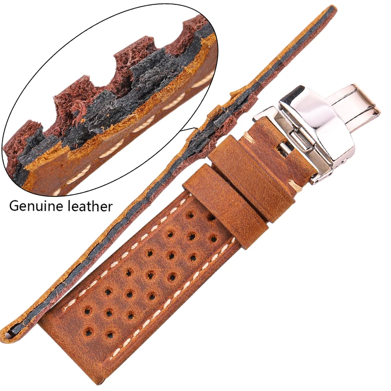 Premium Breathable Genuine Leather Watchbands 20mm 22mm 24mm Smart Watch Strap Brown Coffee Black Green Cowhide Band Accessories