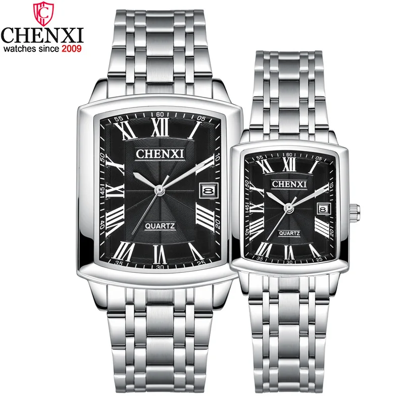 Silver Square Couple Watches Women Men Romantic Elegant Casual Lover\'s Watch Roman Numeral Stainless Steel Waterproof Gift Clock