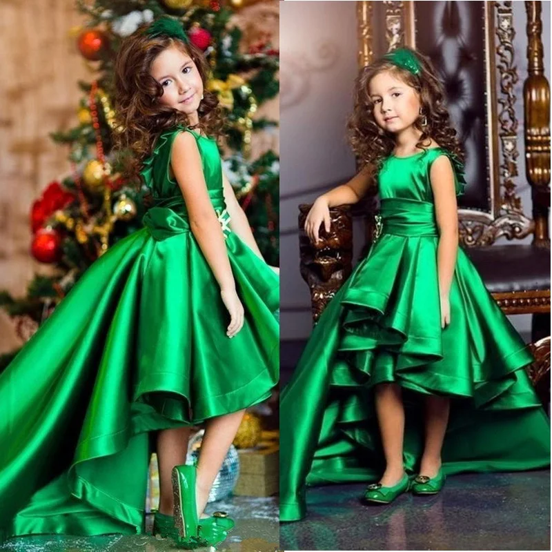 Vestido formal de cetim verde esmeralda, flor, para meninas, pescoço e mangas curtas, vestido de celebridade, para crianças, vestido de concurso