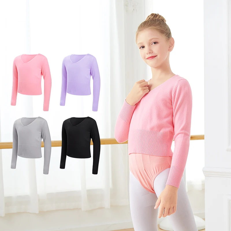 Girls Ballet Dance Sweaters Kids High Waist Knitted Cardigan V-Neck Sweater Black Ballet Dance Wear Sweater for Autumn Winter