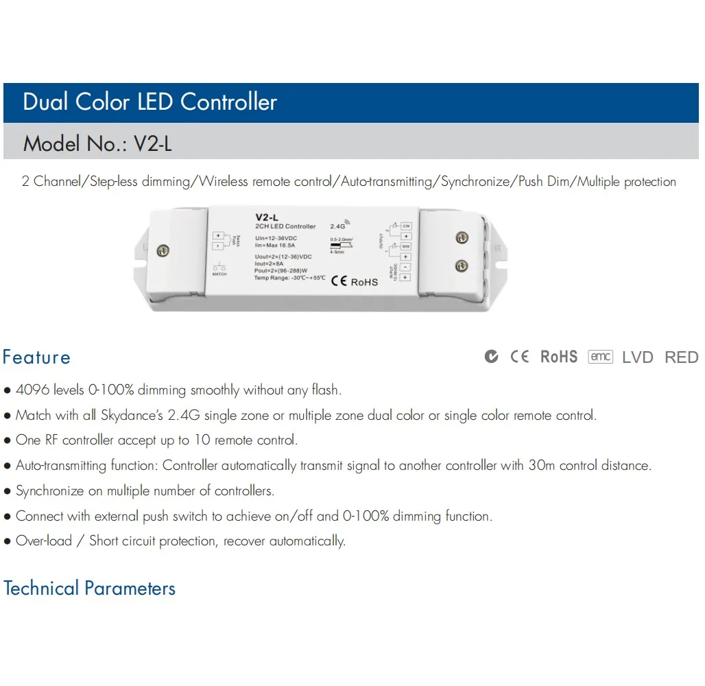 V2-L LED Dimmer Switch CCT 12V 24V 36V RF Wireless 2.4G Remote Smart Wifi 2CH WW CW LED Controller for CT Single Color LED Strip