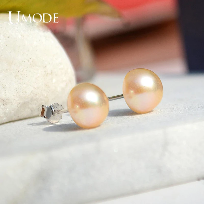 UMODE New 925 Sterling Silver Near Round Natural Pearl Stud Earrings for Women White Orange Purple Pearls  Jewelry Gifts UAE0003